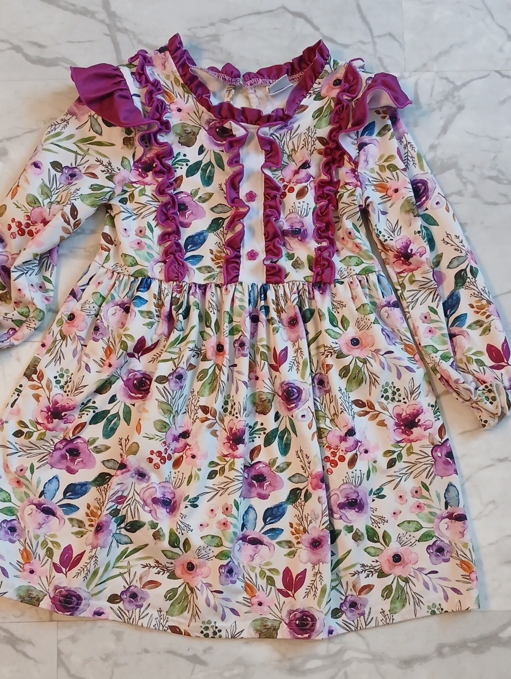 Dash of Glitter Girls' Floral Ruffle Long-Sleeve Dress - Purple Floral 7/8